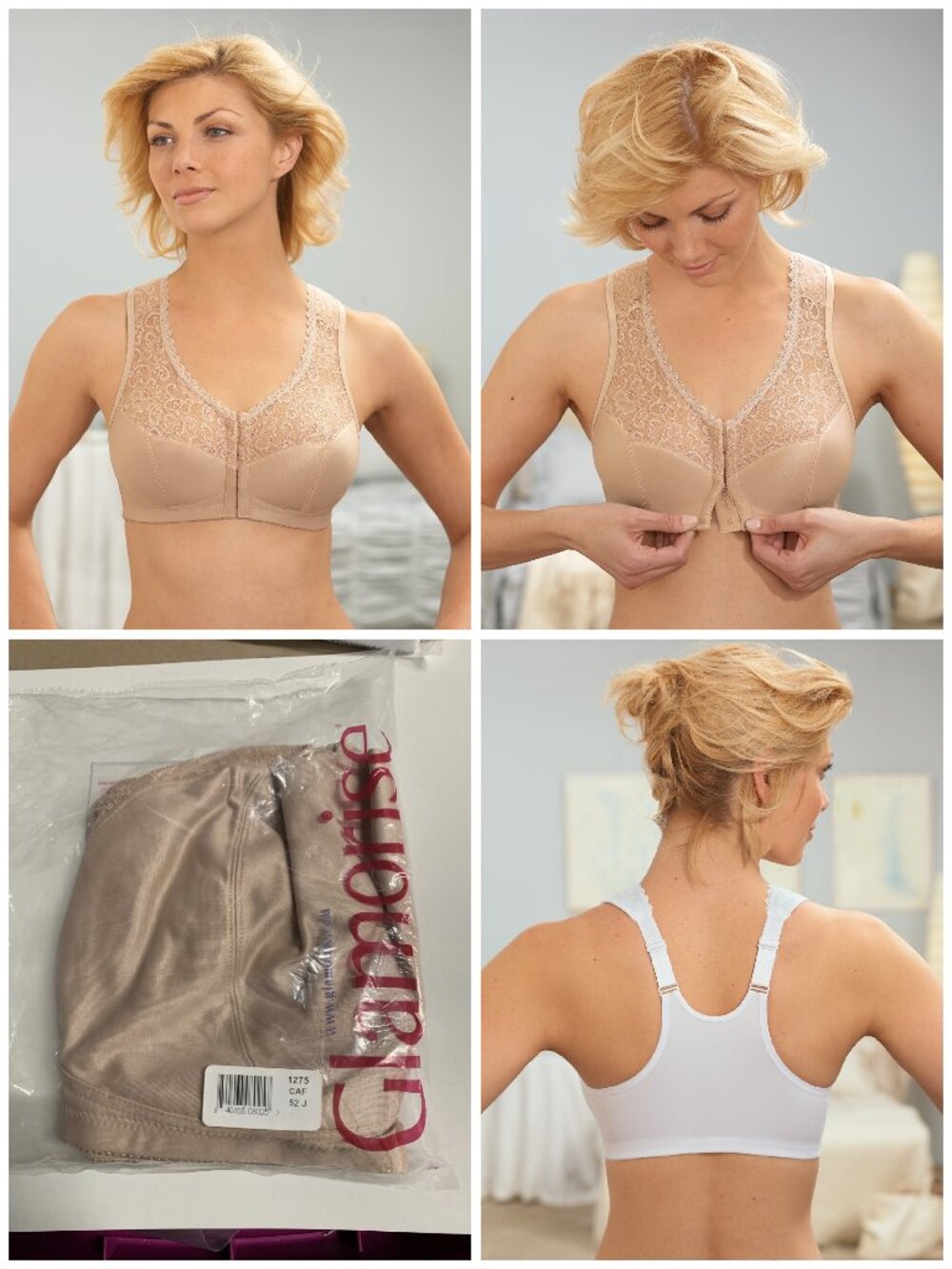 Glamorise 52J SOFT SHOULDERS Bra BACK-SUPPORT X-Wide-Straps FRONT-CLOSE Nude NEW